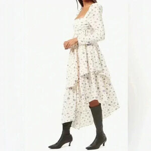 NNT We wore what puff sleeve asymmetrical tiered cream purple floral dress 6